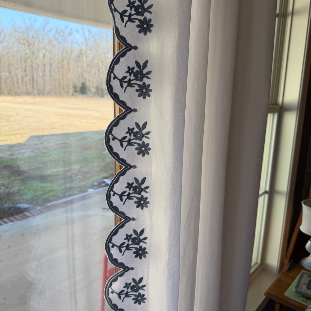Pottery Barn Teen Ivory Curtain with Midnight Blue Floral Edge